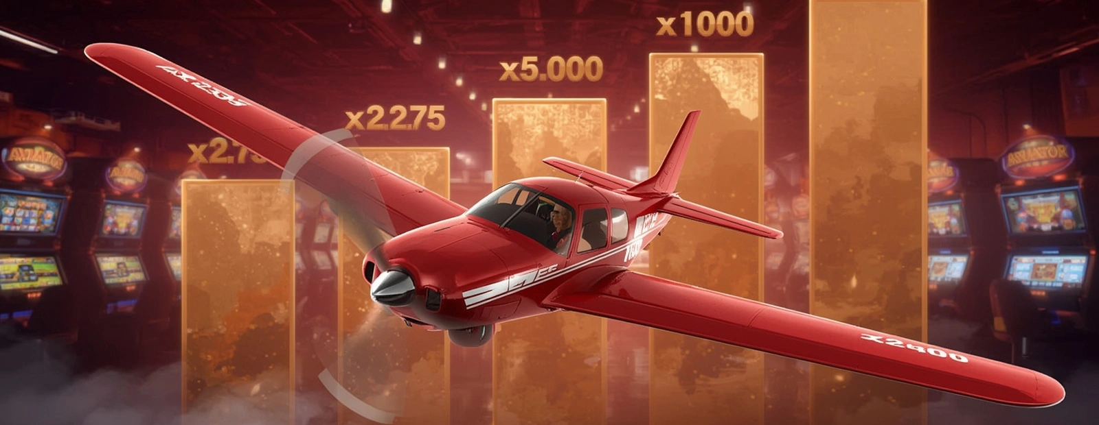 Aviator plane flying near rising multipliers inside a casino hall