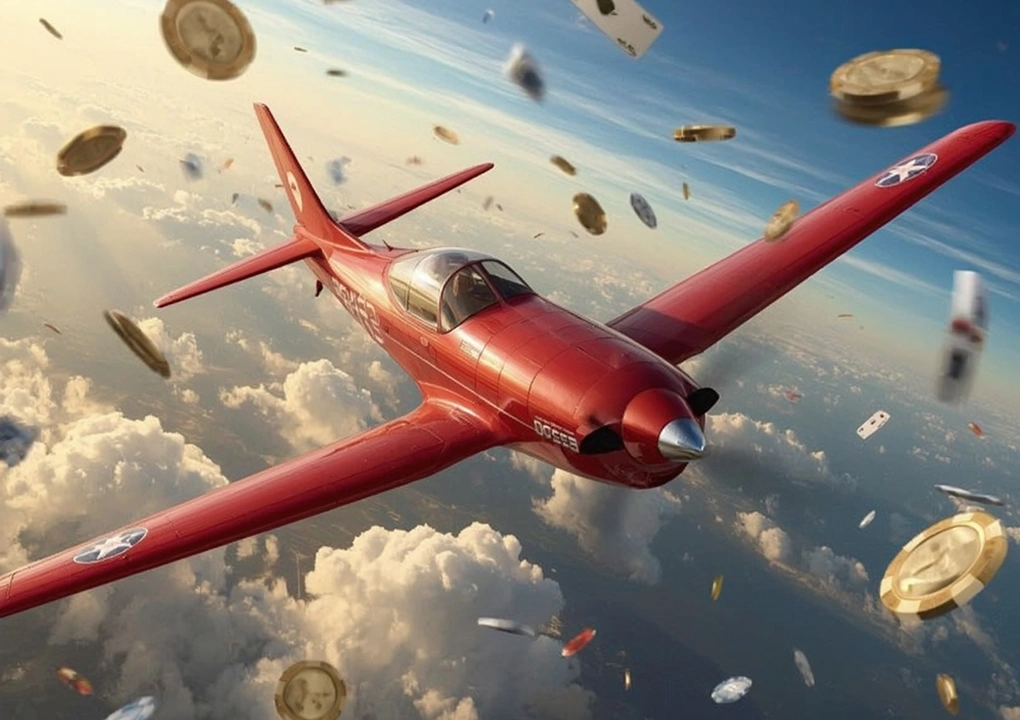 Red Aviator plane speeding upward surrounded by casino tokens