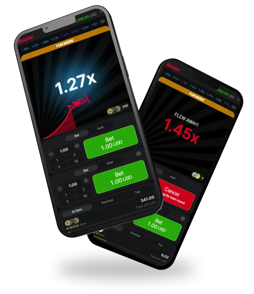 Aviator game results displayed on dual mobile screens